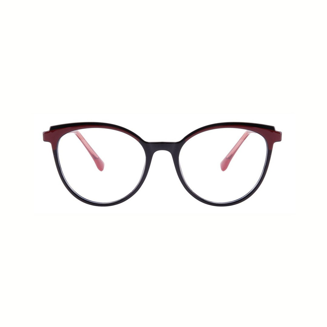 Black eyeglasses with pink temples on a white background