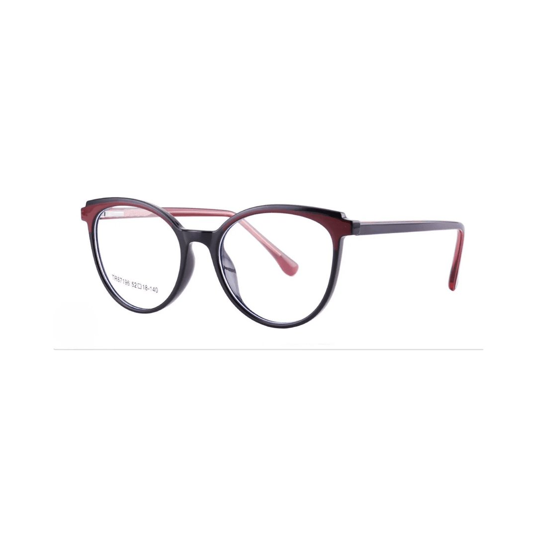 Eyeglasses with a red and black frame on a white background