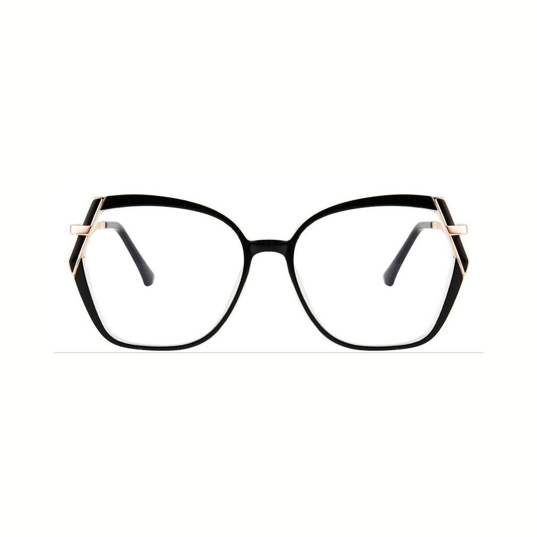 Black eyeglasses with gold accents on a white background