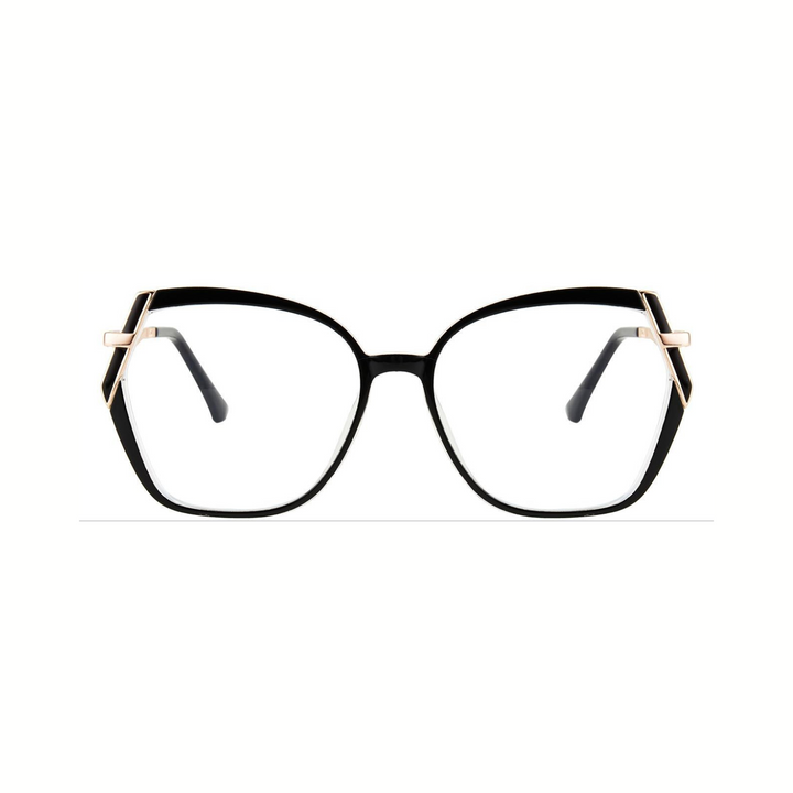 Black eyeglasses with gold accents on a white background