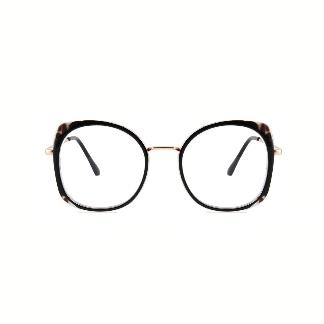 Eyeglasses with a black frame and gold accents on a white background