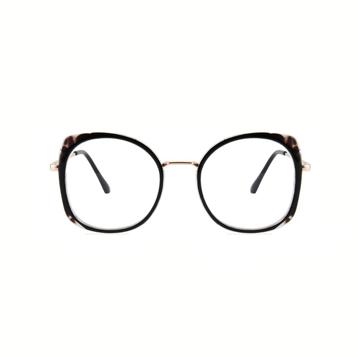 Eyeglasses with a black frame and gold accents on a white background