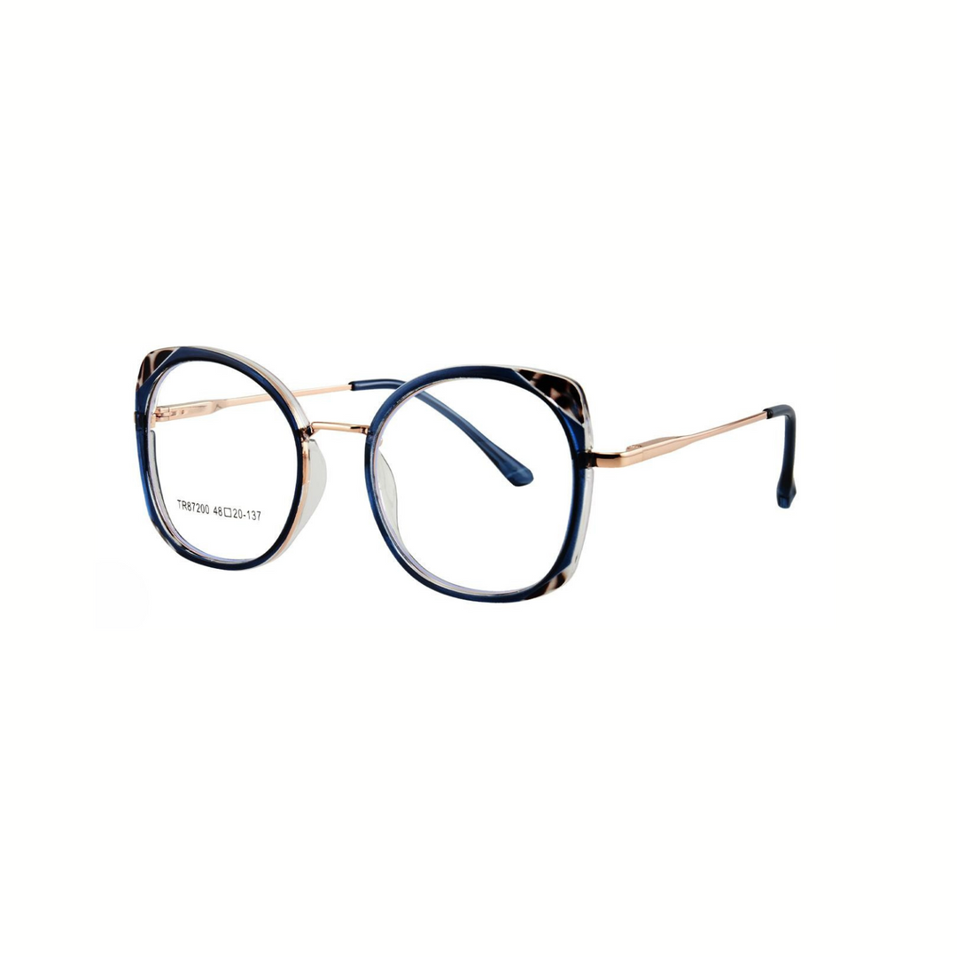Round eyeglasses with blue lenses and gold frame on a white background