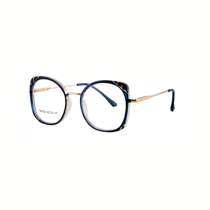 Round eyeglasses with blue lenses and gold frame on a white background
