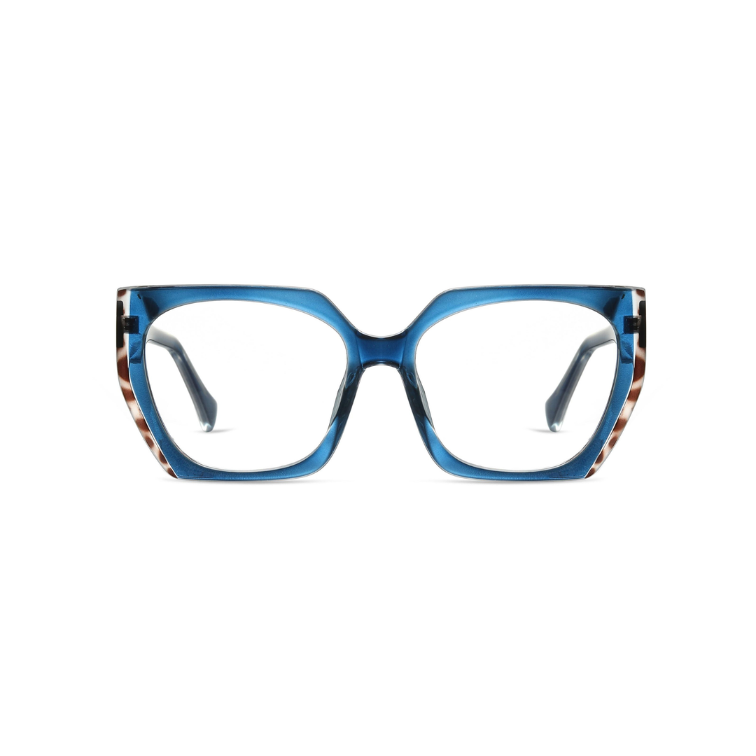 Blue eyeglasses with tortoiseshell accents on a white background