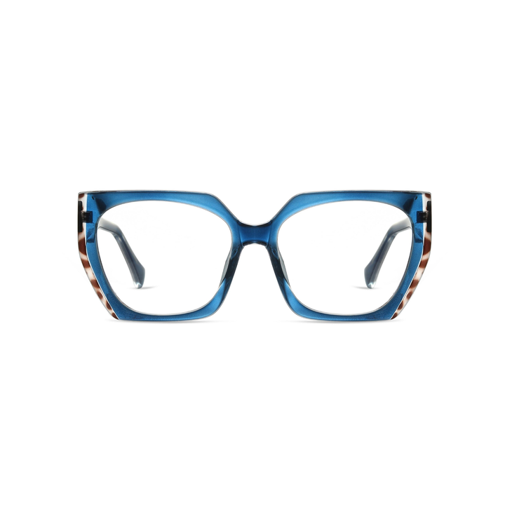 Blue eyeglasses with tortoiseshell accents on a white background