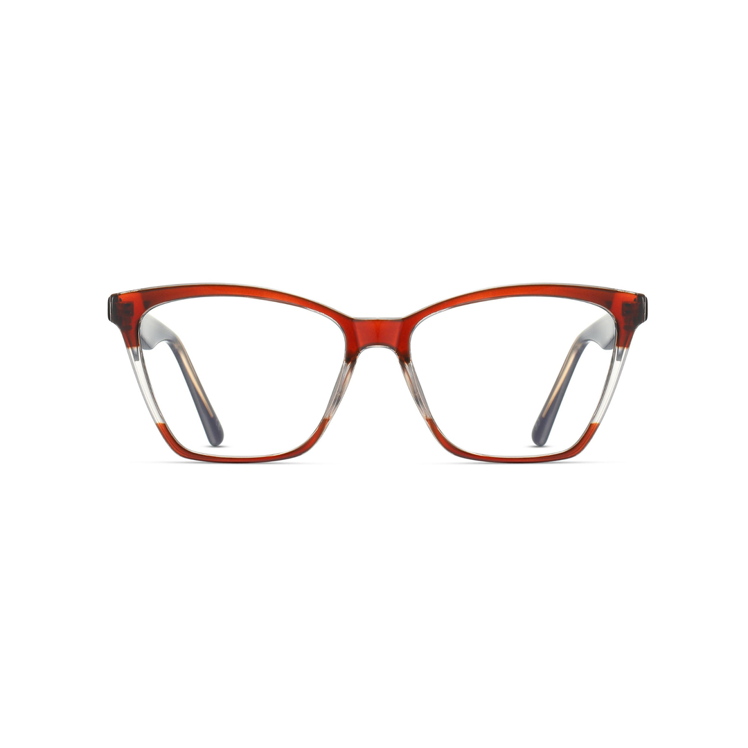 Red and clear eyeglasses on a white background