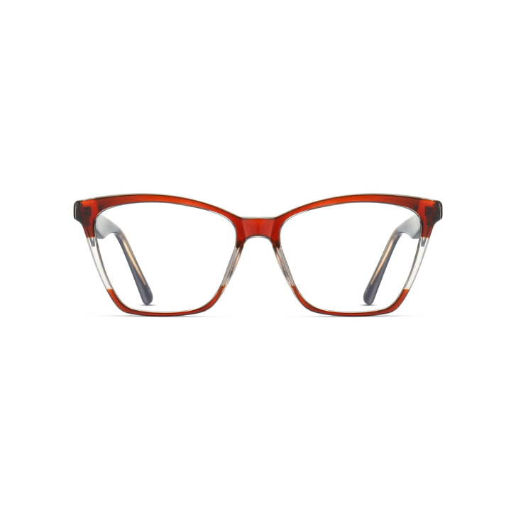 Red and clear eyeglasses on a white background