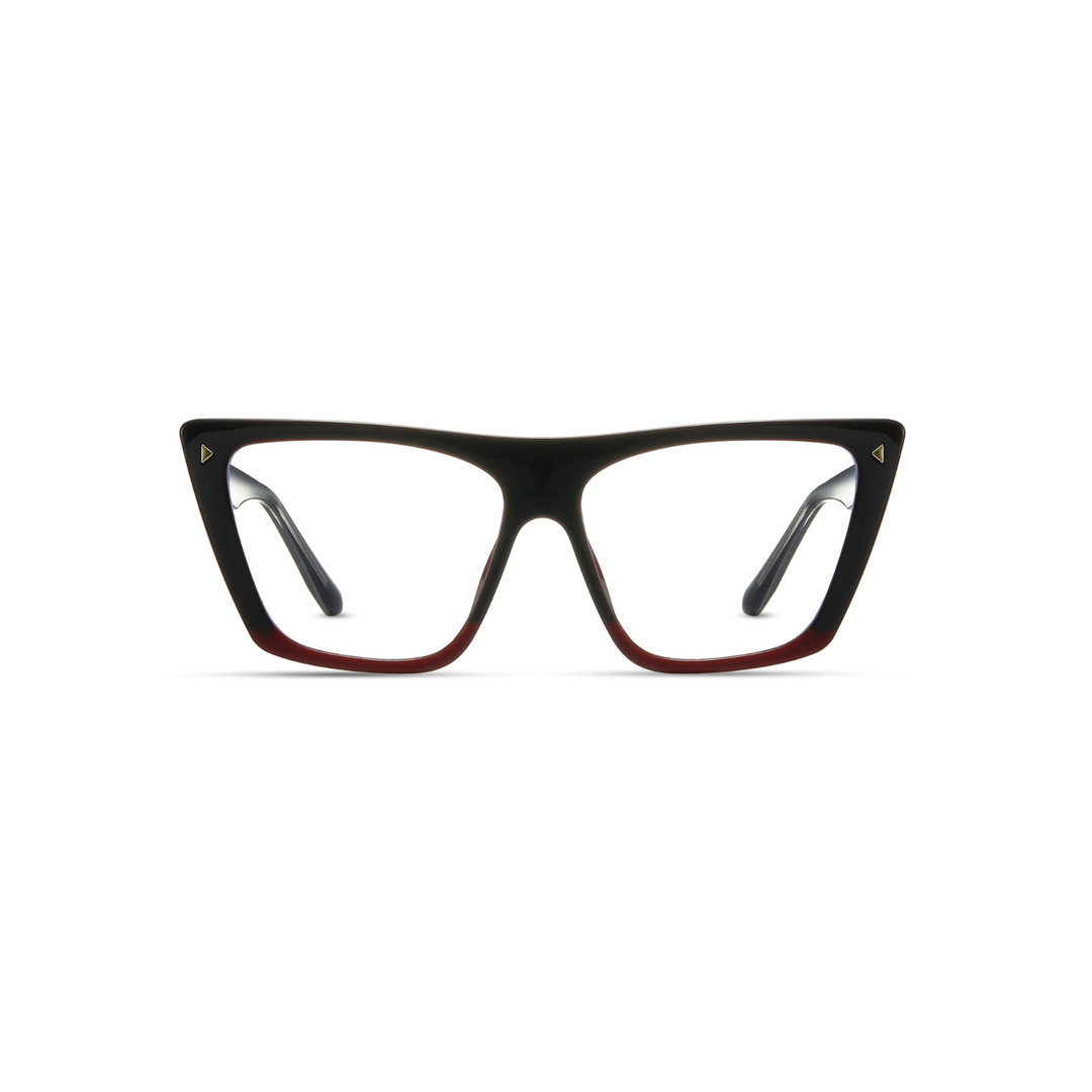 Black and red eyeglasses on a white background