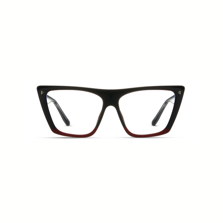 Black and red eyeglasses on a white background