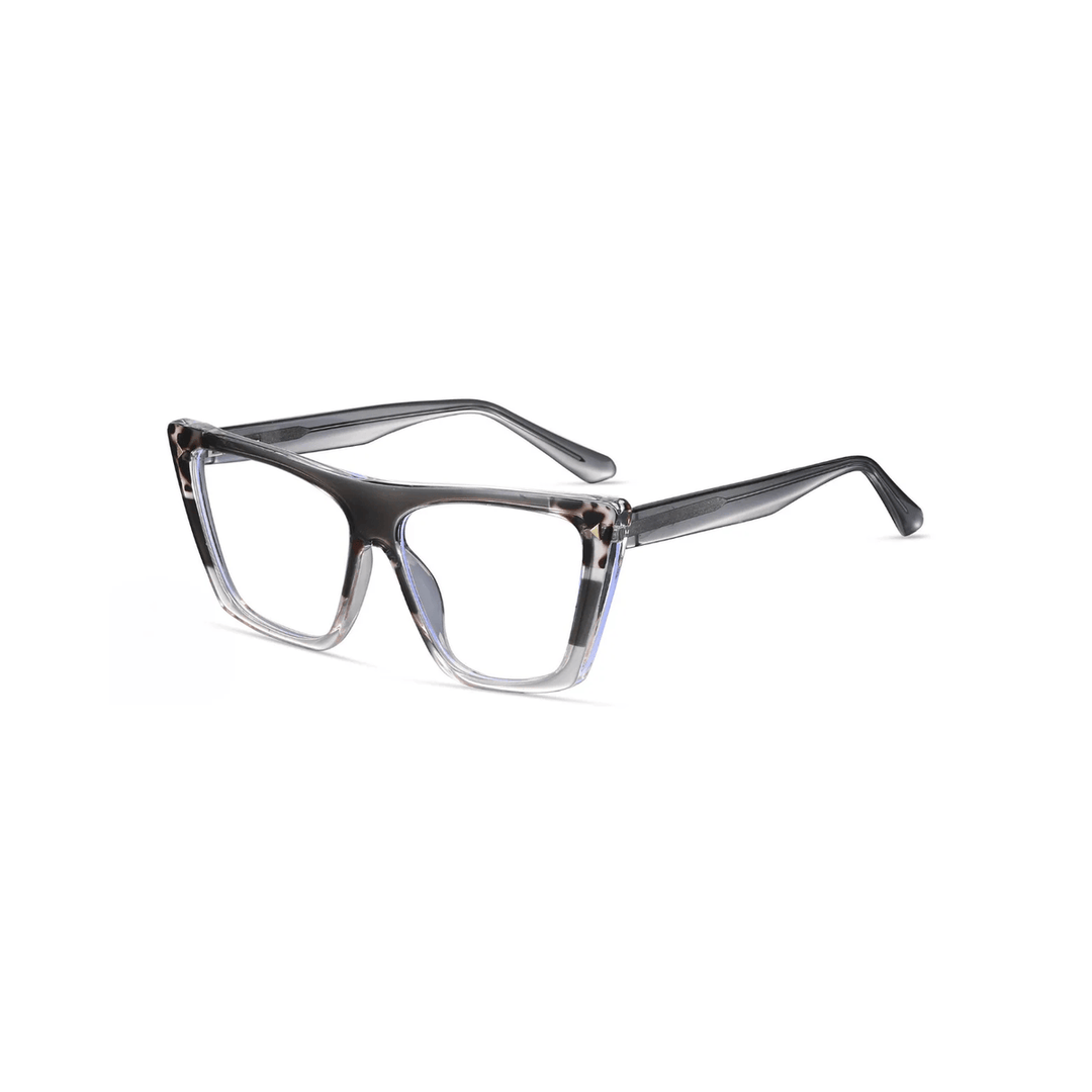 A pair of female optical glasses with a sleek design, featuring a combination of clear and dark frames.