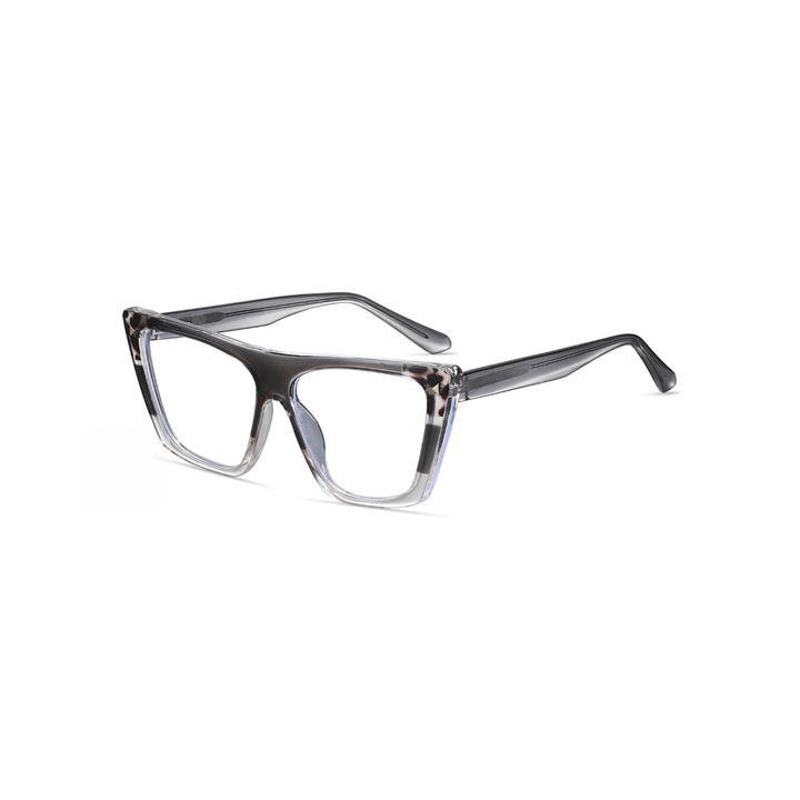 A pair of female optical glasses with a sleek design, featuring a combination of clear and dark frames.