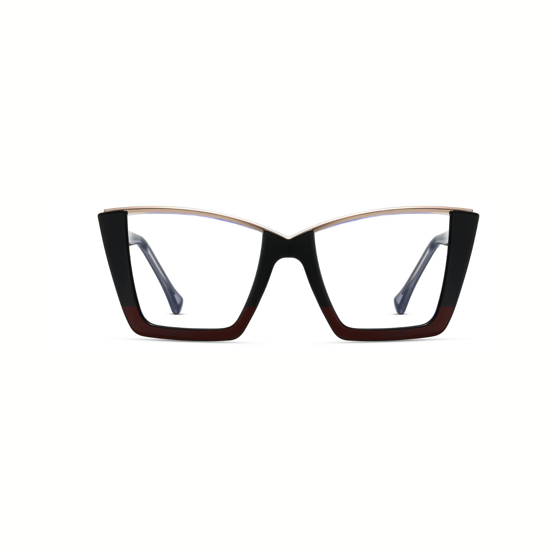 A pair of Lila brand eyeglasses with a sleek, two-tone design, featuring black and brown colors.