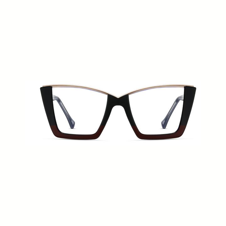 A pair of Lila brand eyeglasses with a sleek, two-tone design, featuring black and brown colors.