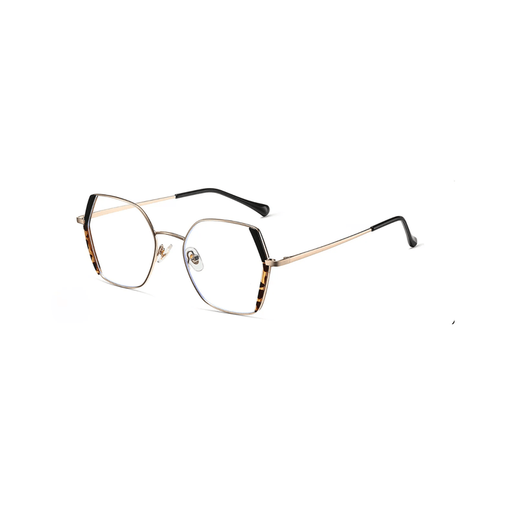 Eyeglasses with gold frame and black accents on a white background