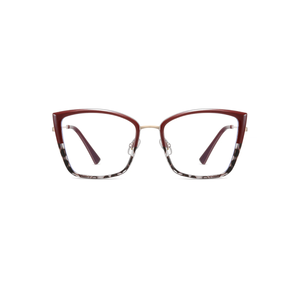 Cat-eye glasses with a maroon colour  on a white background