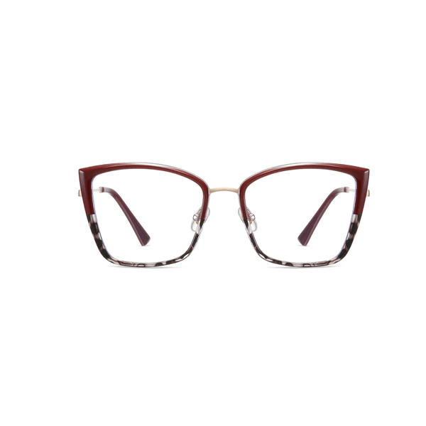 Cat-eye glasses with a maroon colour  on a white background