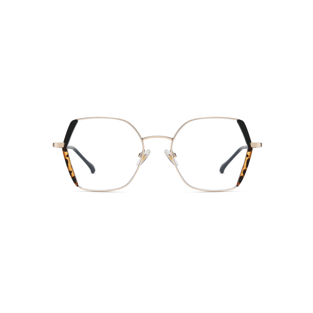 Eyeglasses with gold frame and black temple tips on a white background