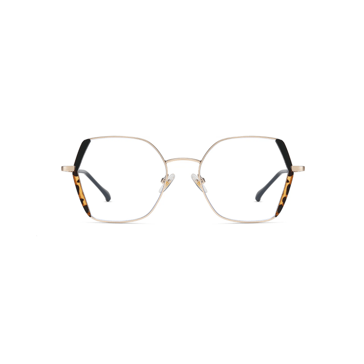 Eyeglasses with gold frame and black temple tips on a white background