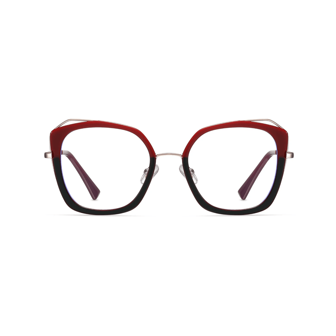 Eyeglasses with a red and black frame on a white background