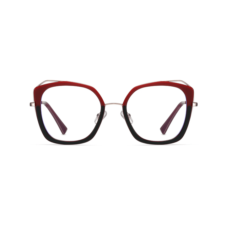Eyeglasses with a red and black frame on a white background