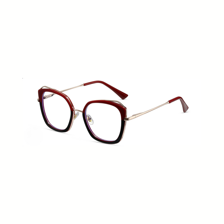 Eyeglasses with a red and gold frame on a white background