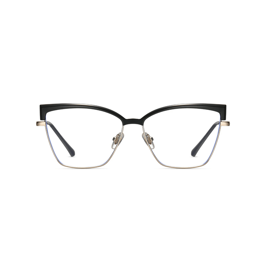 Black cat-eye glasses with gold accents on a white background