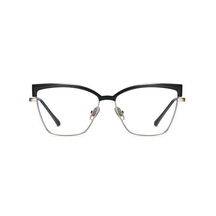 Black cat-eye glasses with gold accents on a white background