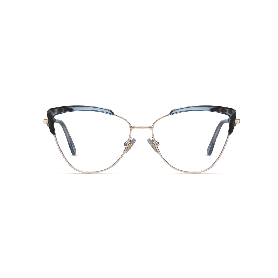 Cat-eye glasses with gold frame and tortoiseshell accents on a white background