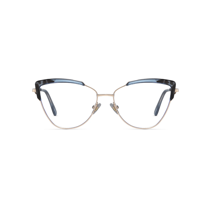Cat-eye glasses with gold frame and tortoiseshell accents on a white background