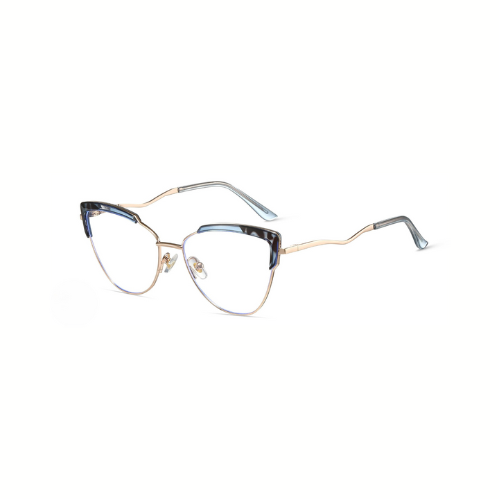 Eyeglasses with a gold frame and tortoiseshell accents on a white background