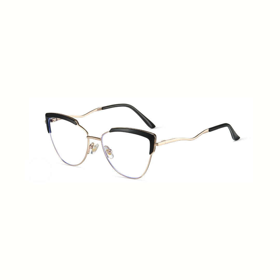Eyeglasses with black and gold frame on a white background