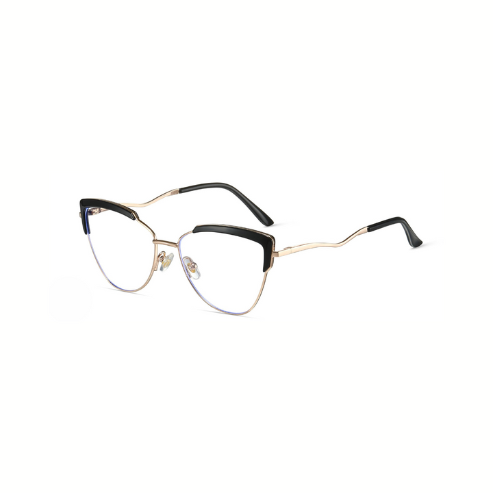 Eyeglasses with black and gold frame on a white background