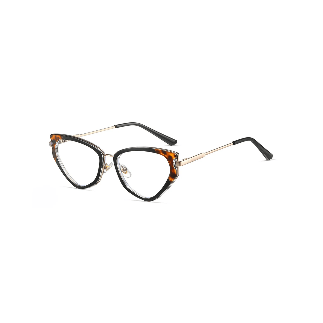 Cat-eye glasses with tortoiseshell and gold frame on a white background