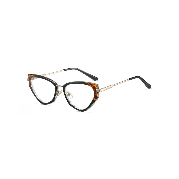 Cat-eye glasses with tortoiseshell and gold frame on a white background