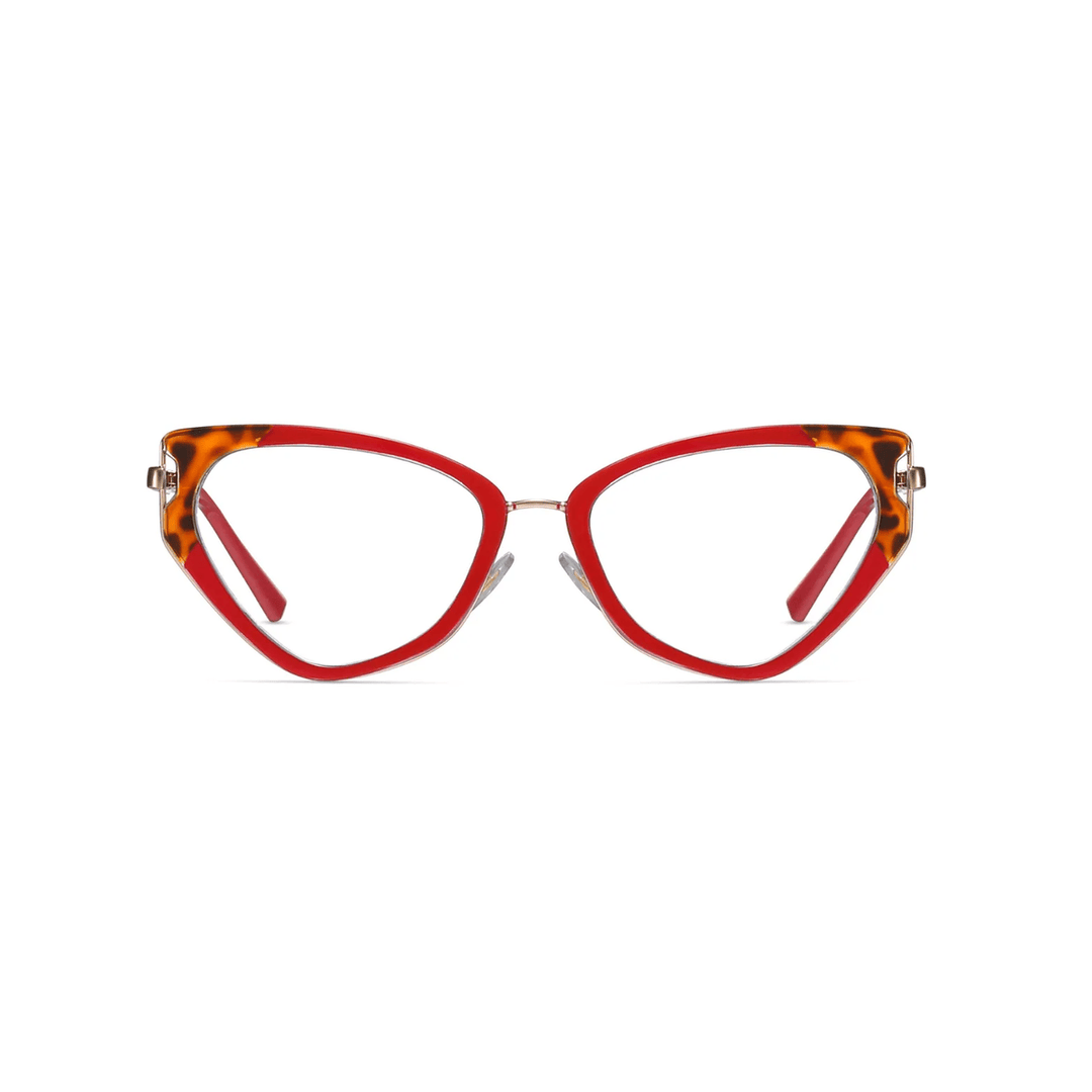 Red cat-eye glasses with tortoiseshell accents on a white background