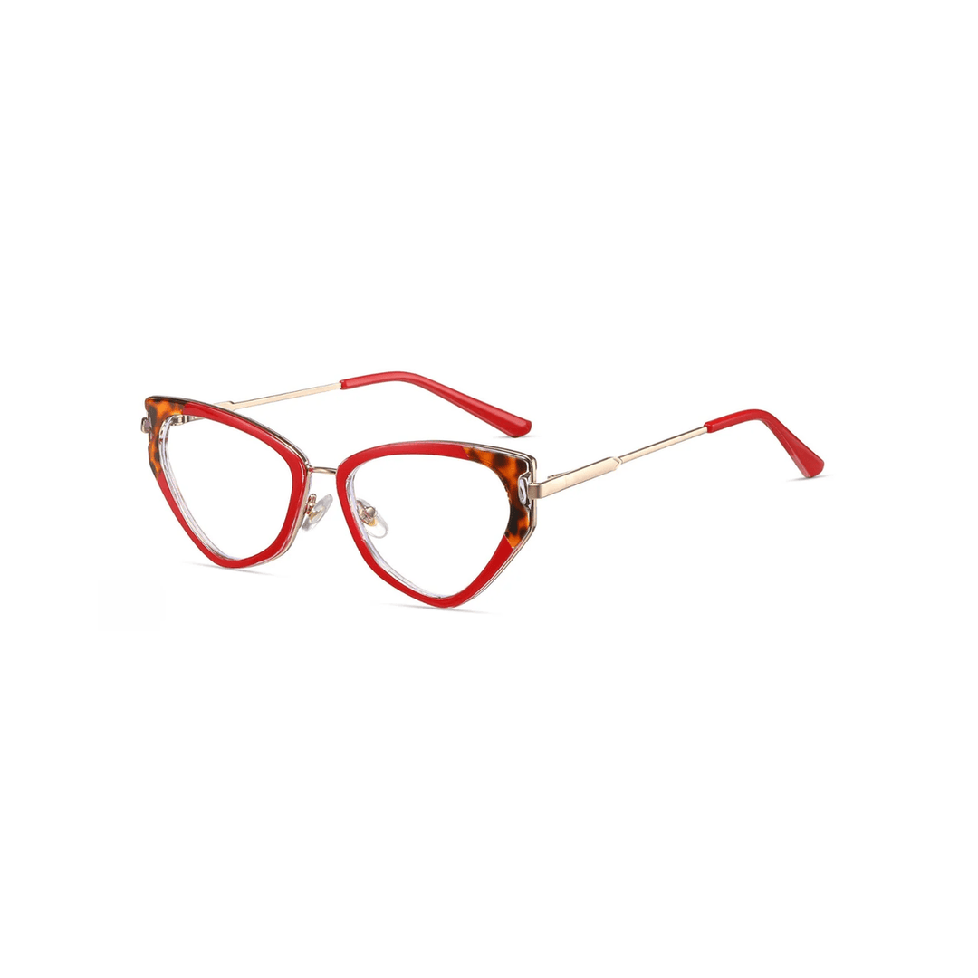 Red and tortoiseshell cat-eye glasses on a white background