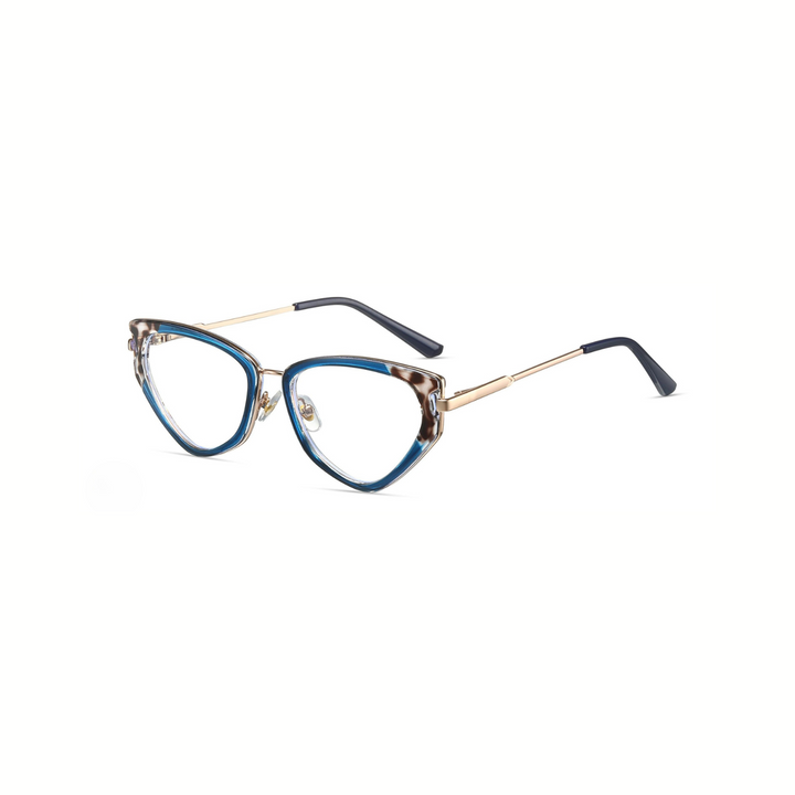 Cat-eye glasses with blue and gold frame on a white background