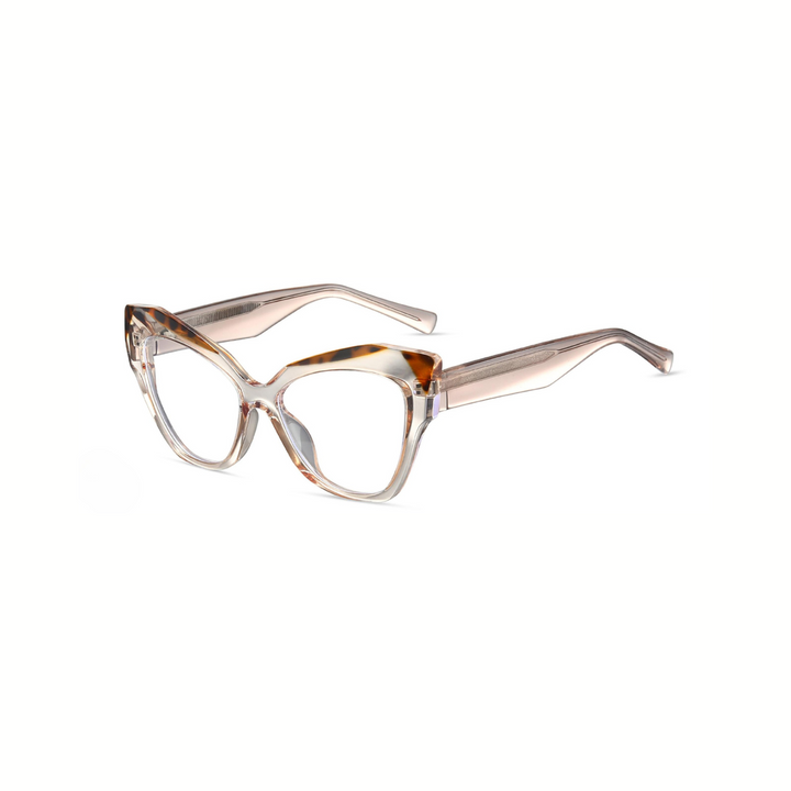 Cat-eye glasses with a tortoiseshell pattern on a white background