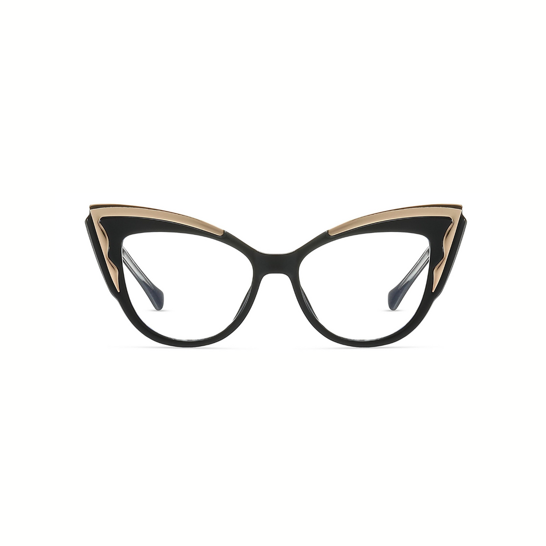 Cat-eye glasses with black and gold frame on a white background