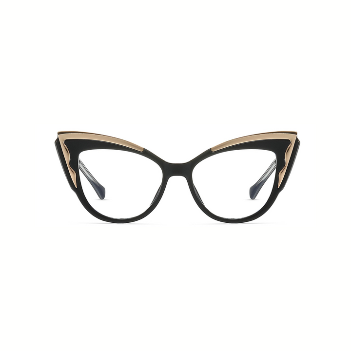 Cat-eye glasses with black and gold frame on a white background