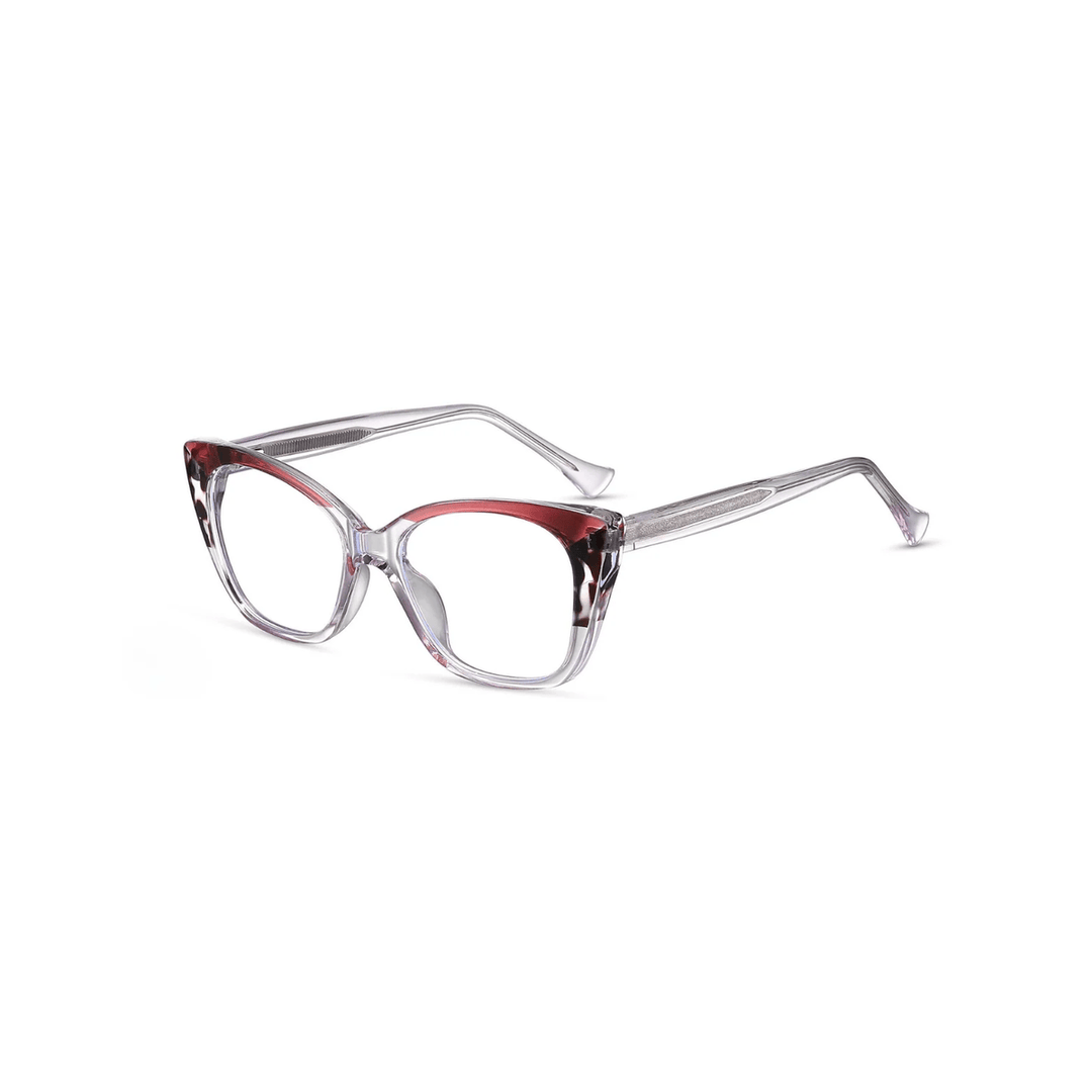 Eyeglasses with a clear frame and red accents on a white background