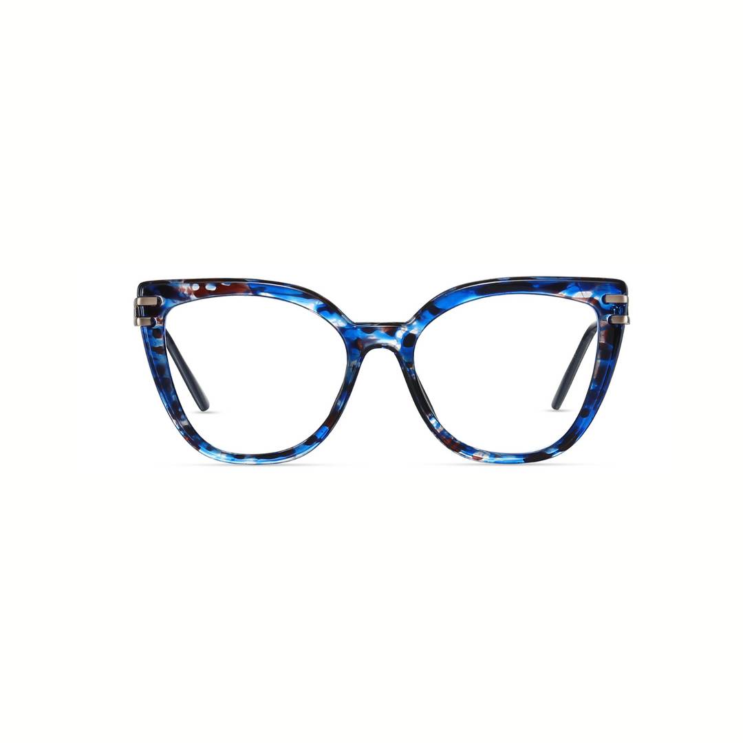 Blue tortoiseshell cat-eye glasses on a white background