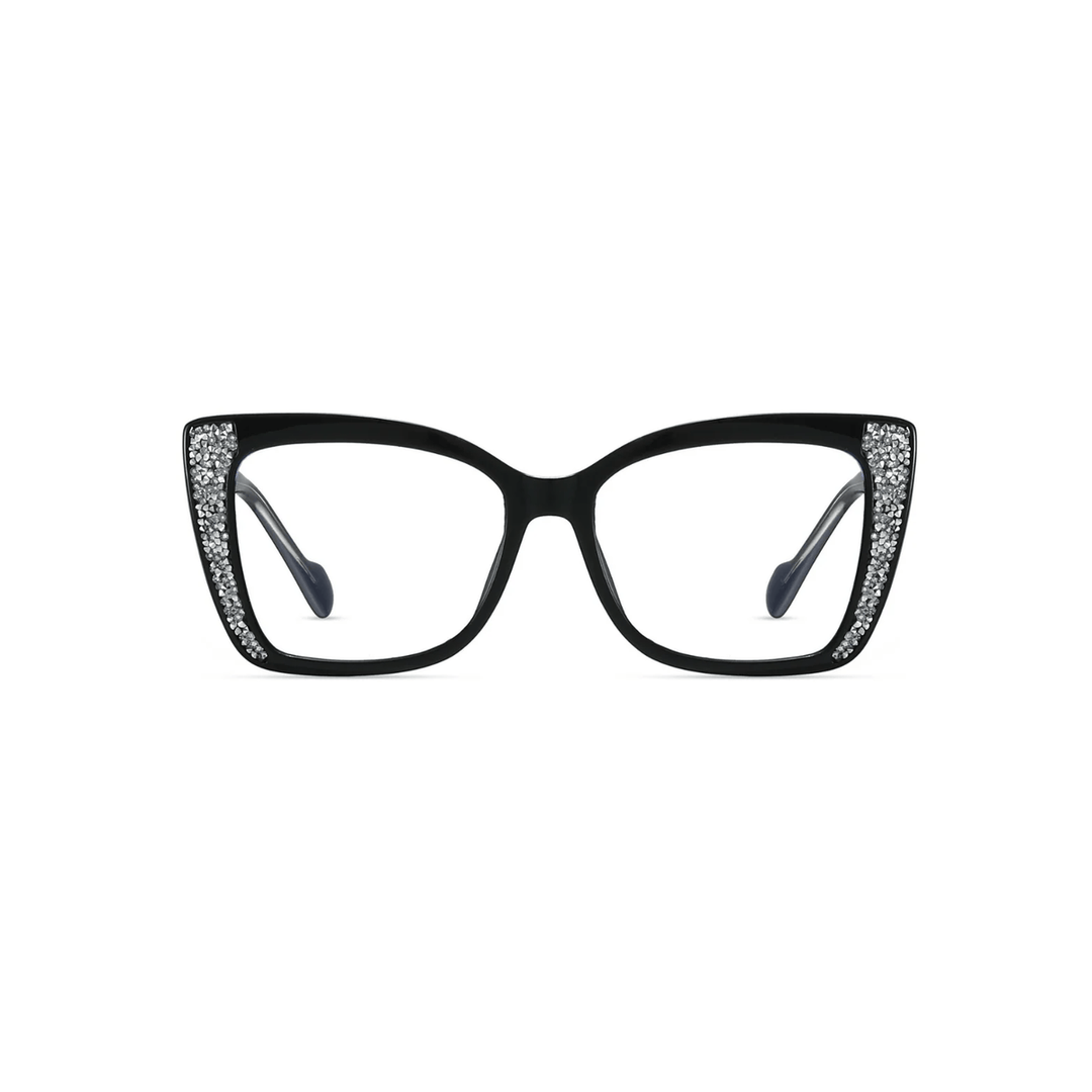 Black cat-eye glasses with decorative elements on a white background
