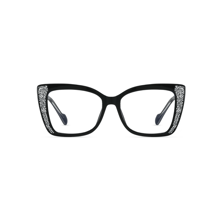 Black cat-eye glasses with decorative elements on a white background