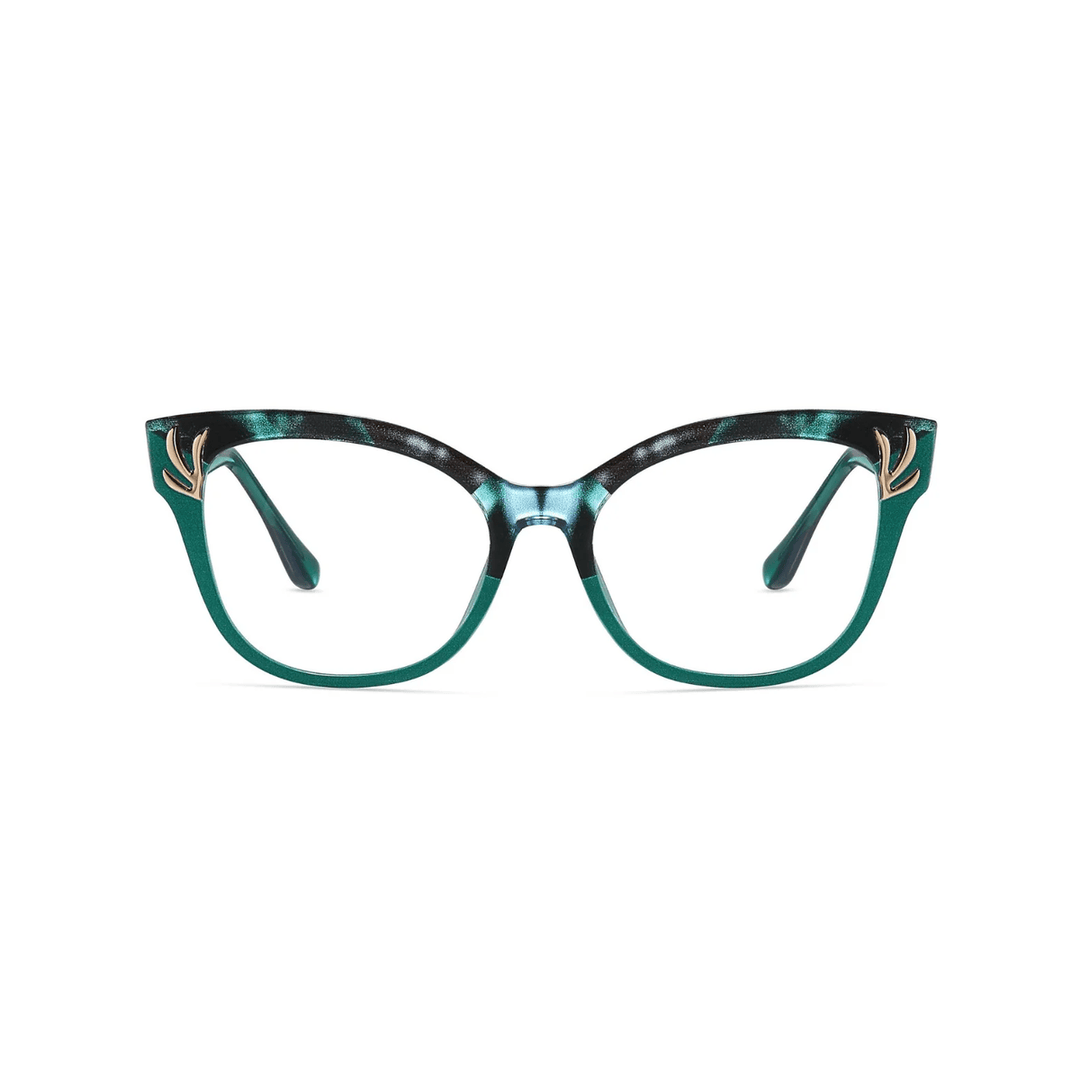 Green cat-eye glasses on a white background