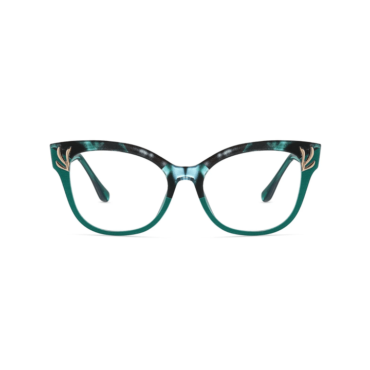Green cat-eye glasses on a white background