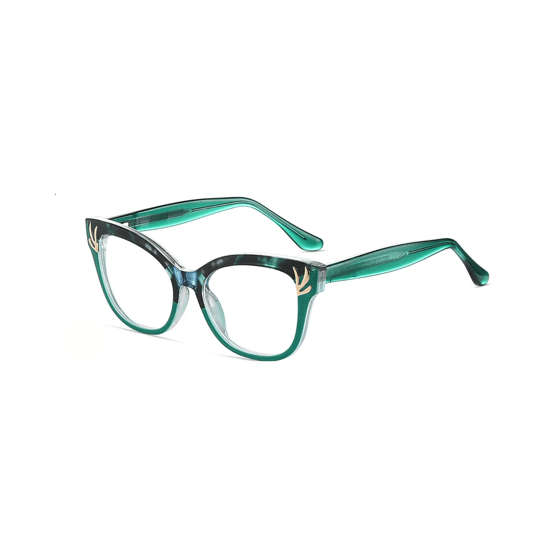 Green cat-eye glasses on a white background