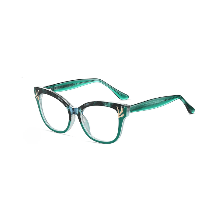 Green cat-eye glasses on a white background