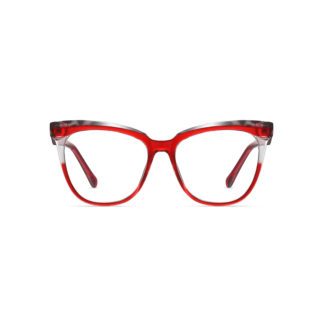 Red and clear cat-eye glasses on a white background